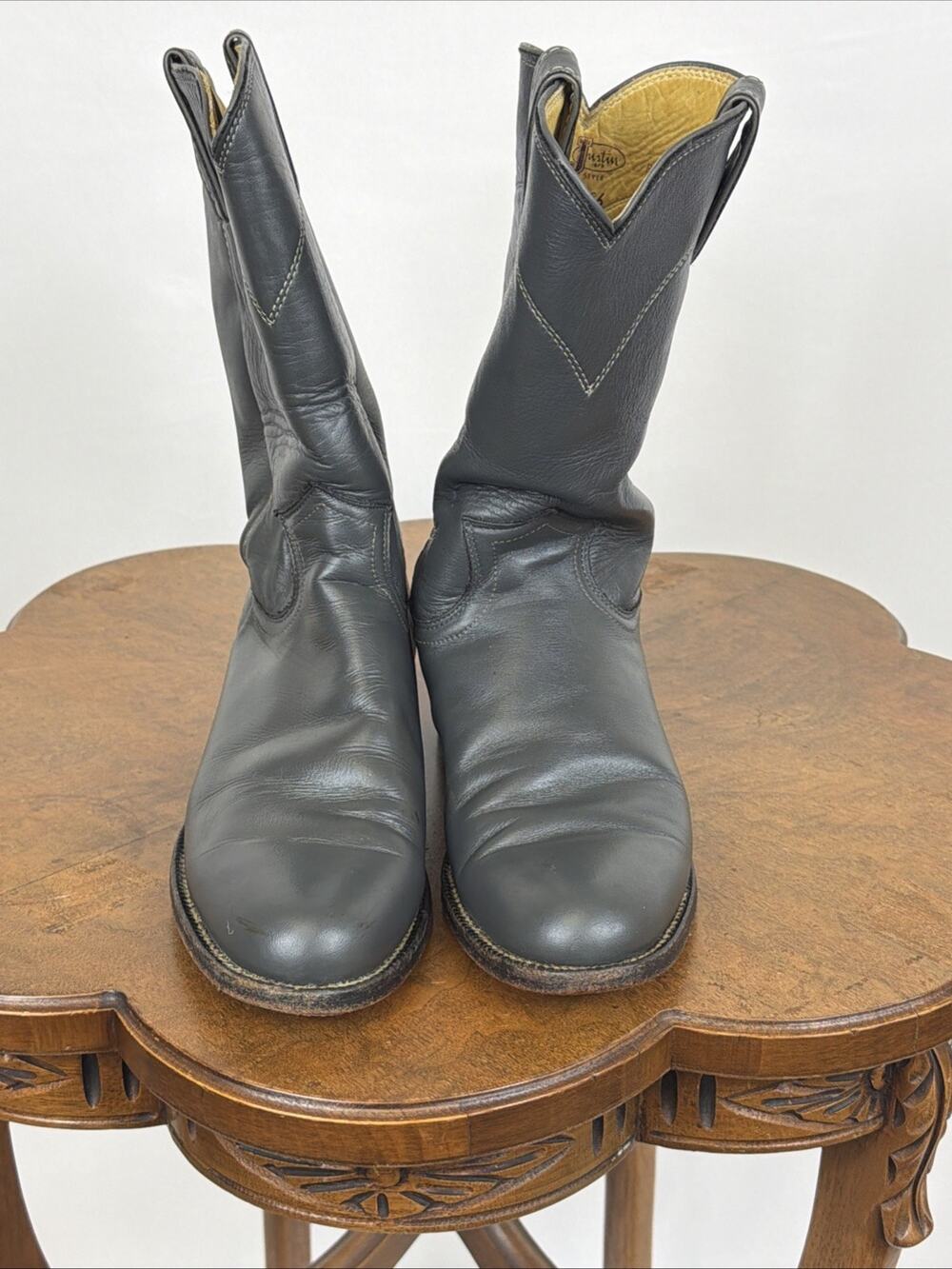 Justin Gray Leather Cowgirl Roper Boots Size 5 USA Made #L3056 Almond Toe